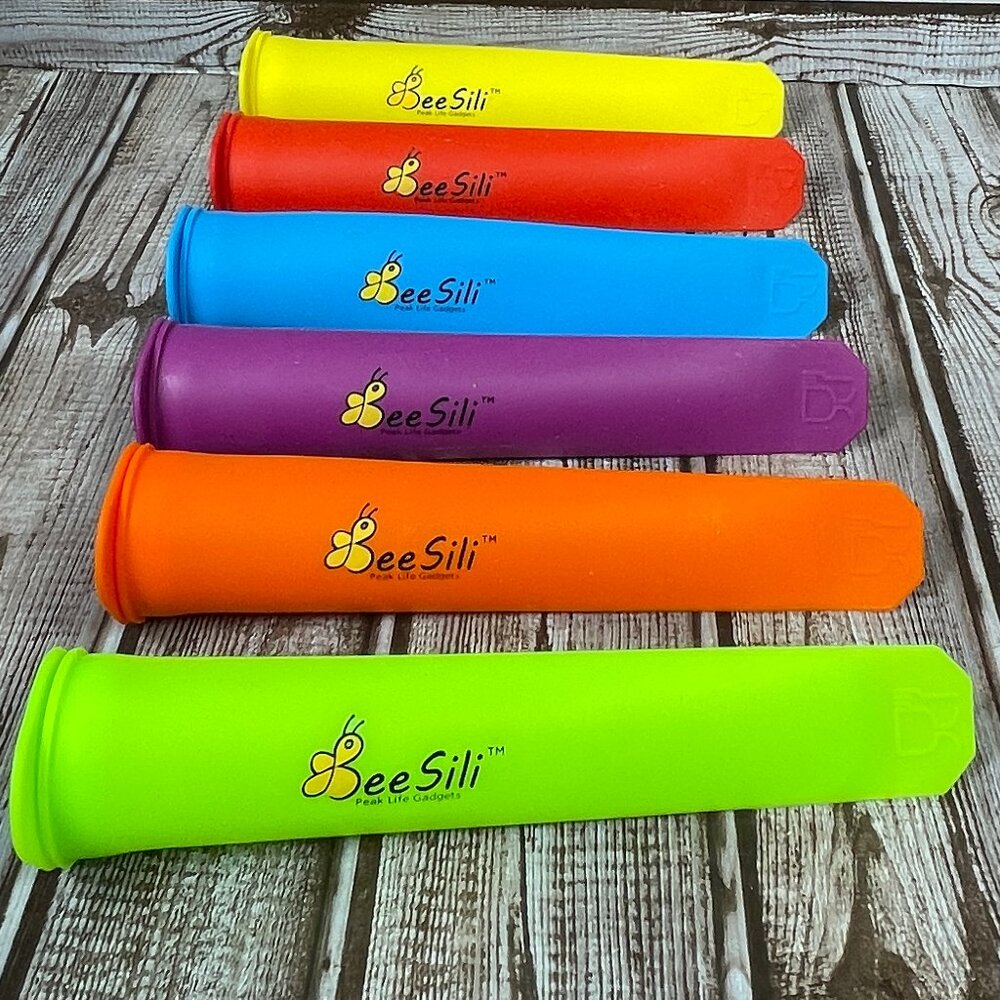 Lot of 6 BEESILI Colorful Silicone Pop Popsicle Juice Yogurt Fruit Molds 7.5"